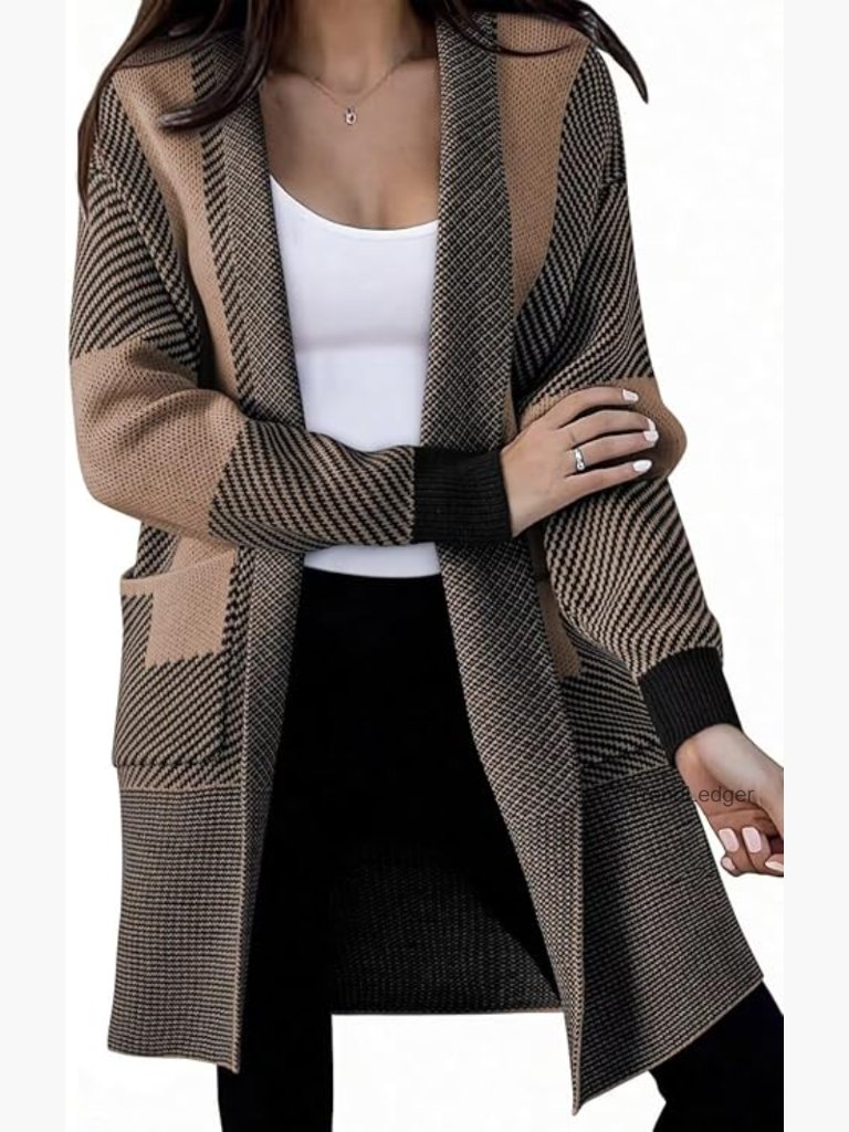 Oversized Open Front Long Cardigan With Pockets And Color Block Sweater